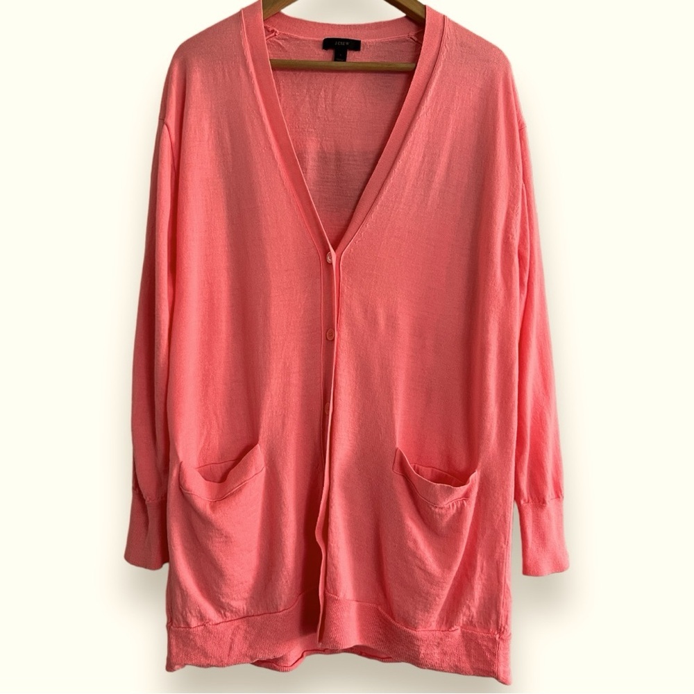 J. Crew Classic Merino Wool Long Cardigan Sweater Bright Pink Size Large